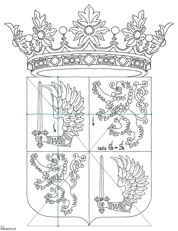 Escudo cuartelado: 1o y 4o de gules, una mano de carnacin, doblada, armada, alada de oro, teniendo una espada alzada de plata, guarnecida de oro; 2o y 3o de plata, un len rampante de prpura, armado y lampasado de gules. Timbrado de corona real abierta.