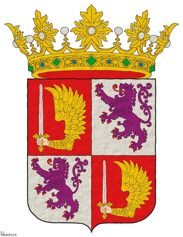 Escudo cuartelado: 1o y 4o de gules, una mano de carnacin, doblada, armada, alada de oro, teniendo una espada alzada de plata, guarnecida de oro; 2o y 3o de plata, un len rampante de prpura, armado y lampasado de gules. Timbrado de corona real abierta.