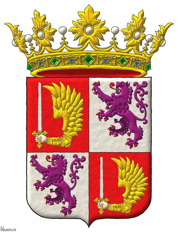 Escudo cuartelado: 1o y 4o de gules, una mano de carnacin, doblada, armada, alada de oro, teniendo una espada alzada de plata, guarnecida de oro; 2o y 3o de plata, un len rampante de prpura, armado y lampasado de gules. Timbrado de corona real abierta.