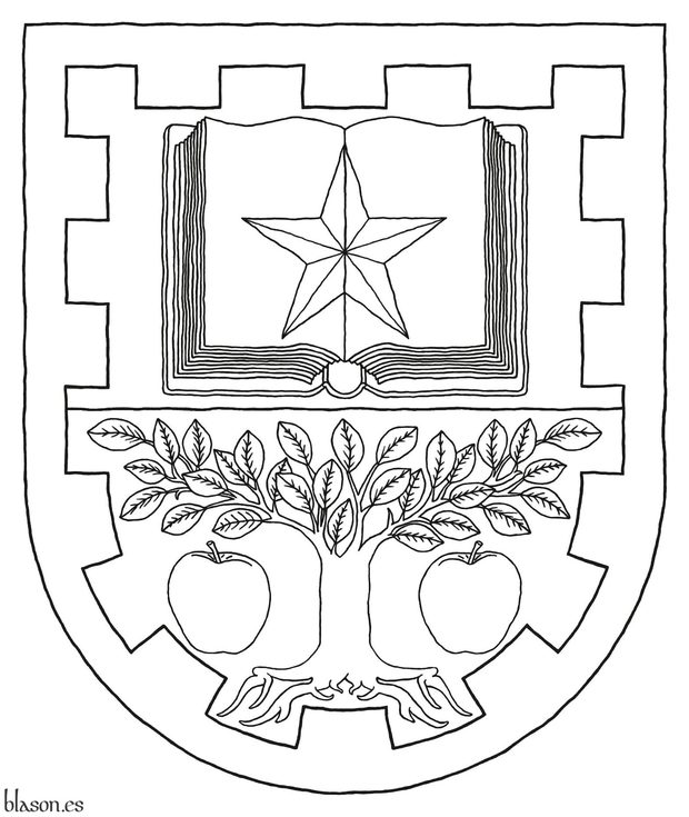 Party per fess: 1 Azure, an open book Argent, garnished Or, charged with a mullet Azure; 2 Gules, a tree eradicated between two apples Or; within a bordure embattled Or.
