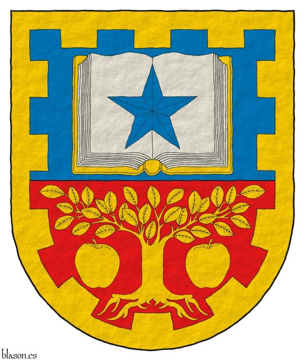 Party per fess: 1 Azure, an open book Argent, garnished Or, charged with a mullet Azure; 2 Gules, a tree eradicated between two apples Or; within a bordure embattled Or.