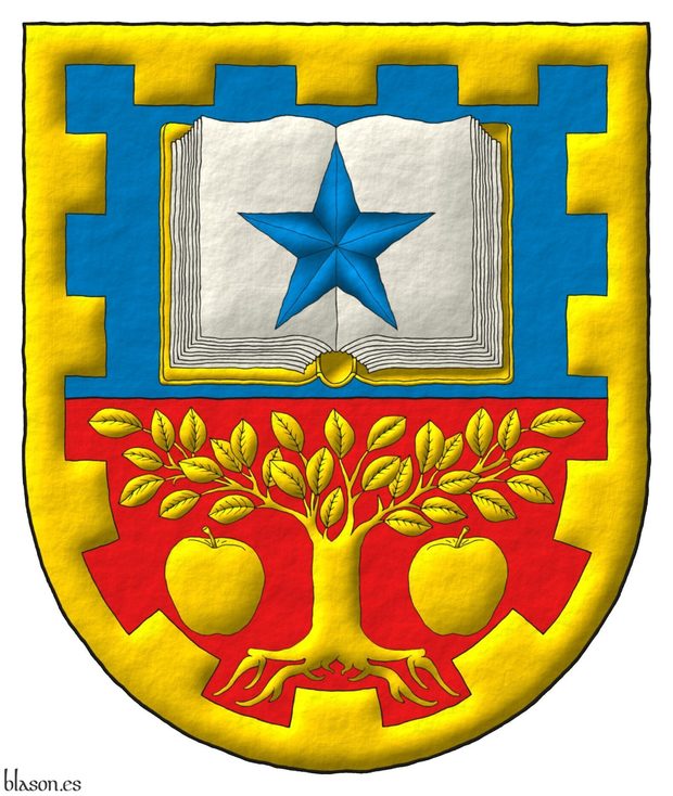 Escudo cortado: 1o de azur, un libro abierto de oro, hojado de plata, cargado de una estrella de cinco puntas de azur; 2o de gules, un �rbol arrancado, acompa�ado de dos manzanas todo de oro; una filiera almenada de oro.