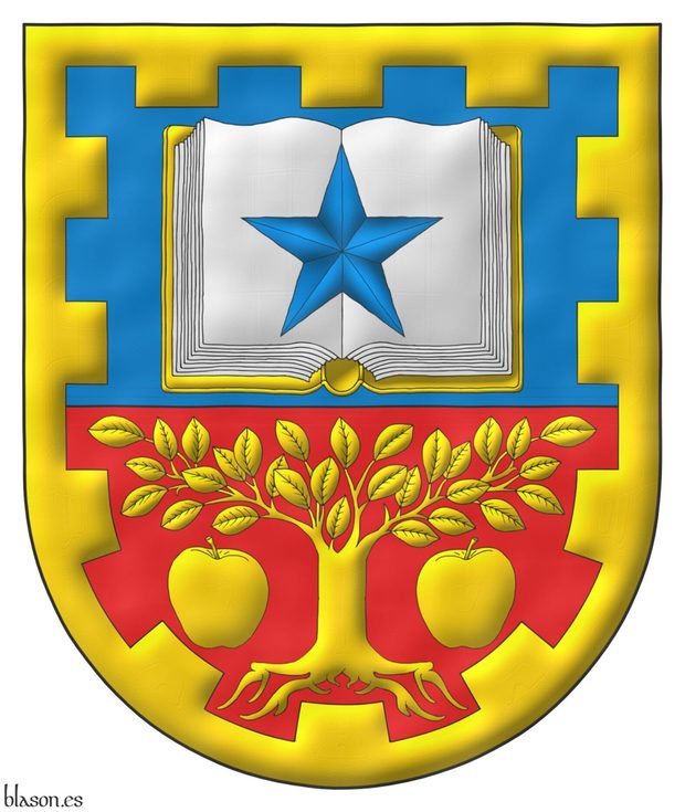 Party per fess: 1 Azure, an open book Argent, garnished Or, charged with a mullet Azure; 2 Gules, a tree eradicated between two apples Or; within a bordure embattled Or.