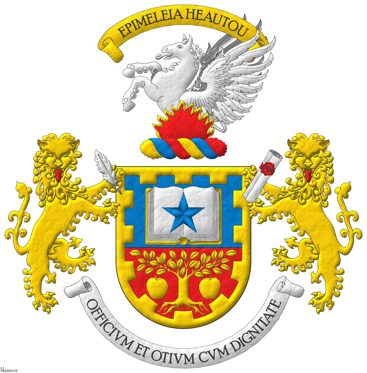 Escudo cortado: 1o de azur, un libro abierto de oro, hojado de plata, cargado de una estrella de azur; 2o de gules, un �rbol arrancado, acompa�ado de dos manzanas todo de oro; una filiera almenada de oro. Timbrado de un burelete de oro, azur y gules; cimado de un pegaso rampante de plata, naciente de llamas de gules, perfiladas de oro. Soportes: dos leopardos leonados de oro, lampasados de gules, el de la diestra con una pluma de plata en la garra siniestra, y el de la siniestra con un pergamino enrollado de plata, con un sello de lacre de gules con las iniciales �MB� de sable, en la garra diestra. Grito de guerra sobre la cimera: �Epimeleia Heautou�. Lema: �Officivm et Otivm Cvm Dignitate�.