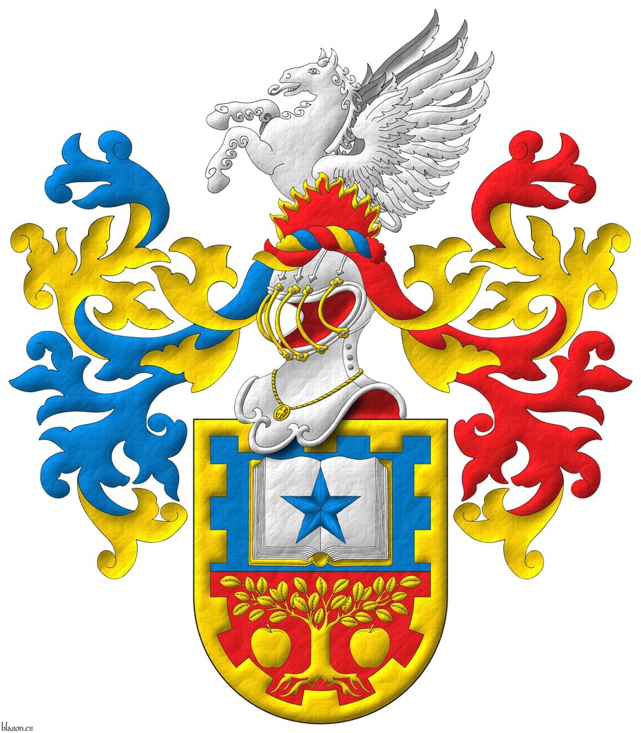 Party per fess: 1 Azure, an open book Argent, garnished Or, charged with a mullet Azure; 2 Gules, a tree eradicated between two apples Or; within a bordure embattled Or. Crest: Upon a helm with a wreath Or, Azure and Gules, a demi-pegasus Argent issuant from flames of fire Gules, fimbriated Or. Mantling: dexter Azure doubled Or, sinister Gules doubled Or.
