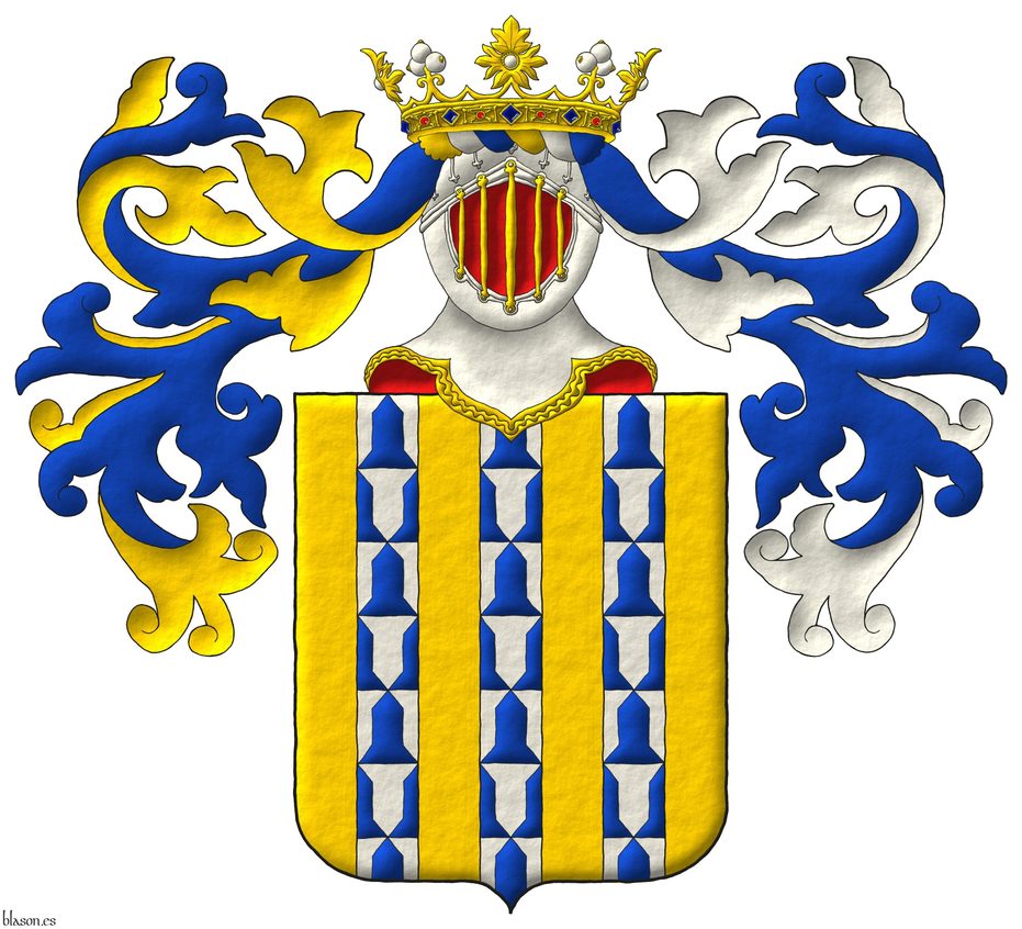 Escudo de oro, tres palos de veros. Timbrado de un yelmo de frente de plata, y grilletado de oro, forrado de gules, adornado de dos lambrequines de azur doblado de oro a la diestra y de azur doblado de plata a la siniestra, un burelete de plata, oro y azur, y cimado de una corona de marqus.