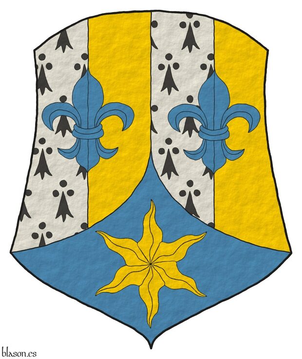Paly of four Ermine and Or, overall two fleurs de lis in fess Azure; ent� en point Azure, an estoile Or.