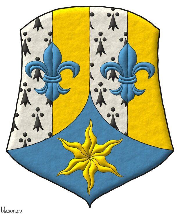 Escudo palado de cuatro piezas de armi�os y oro, brochante sobre el todo dos flores de lis en faja de azur; entado en punta de azur, una estrella ondada de oro.