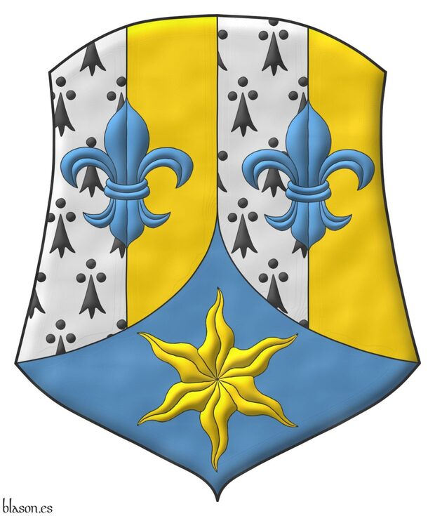 Paly of four Ermine and Or, overall two fleurs de lis in fess Azure; ent� en point Azure, an estoile Or.