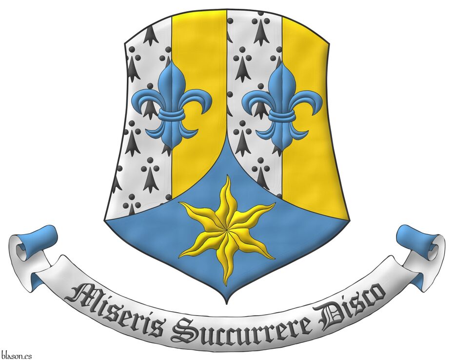 Paly of four Ermine and Or, overall two fleurs de lis in fess Azure; ent� en point Azure, an estoile Or. Motto: �Miseris Succurrere Disco�.