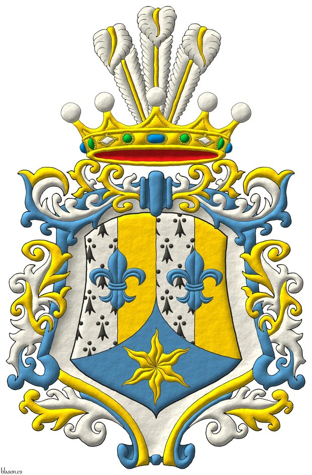 Escudo palado de cuatro piezas de armi�os y oro, brochante sobre el todo dos flores de lis en faja de azur; entado en punta de azur, una estrella ondada de oro. Timbrado de una corona de baronesa de la Serena Casa Principesca de Saint-Marc, en su calidad de herederos din�sticos del Imperio de Hait�, sumada de un penacho de tres plumas de plata, fustadas de oro. Rodeado de un marco de grecas de plata, oro y azur.