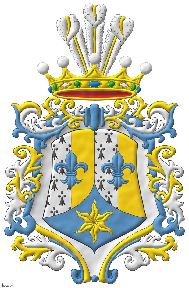 Paly of four Ermine and Or, overall two fleurs de lis in fess Azure; ent� en point Azure, an estoile Or. Crest: A crown of a Baroness of the Serene Princely House of Saint-Marc in the capacity of dynastic heirs of the former Haitian Empire, issuant three ostrich feathers Argent shafted Or. Surrounding the arms a frame of Argent, Or and Azure scrolls.