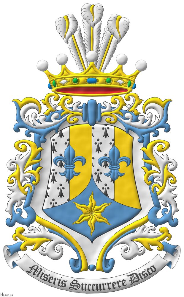 Paly of four Ermine and Or, overall two fleurs de lis in fess Azure; ent� en point Azure, an estoile Or. Crest: A crown of a Baroness of the Serene Princely House of Saint-Marc in the capacity of dynastic heirs of the former Haitian Empire, issuant three ostrich feathers Argent shafted Or. Surrounding the arms a frame of Argent, Or and Azure scrolls. Motto: �Miseris Succurrere Disco�.