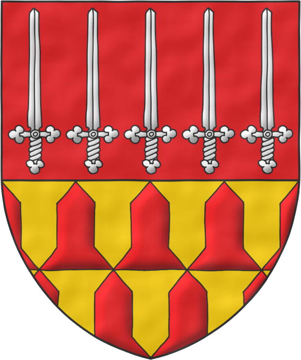 Escudo cortado: 1o de gules, cinco espadas de plata, alzadas, en faja; 2o verado de oro y gules.