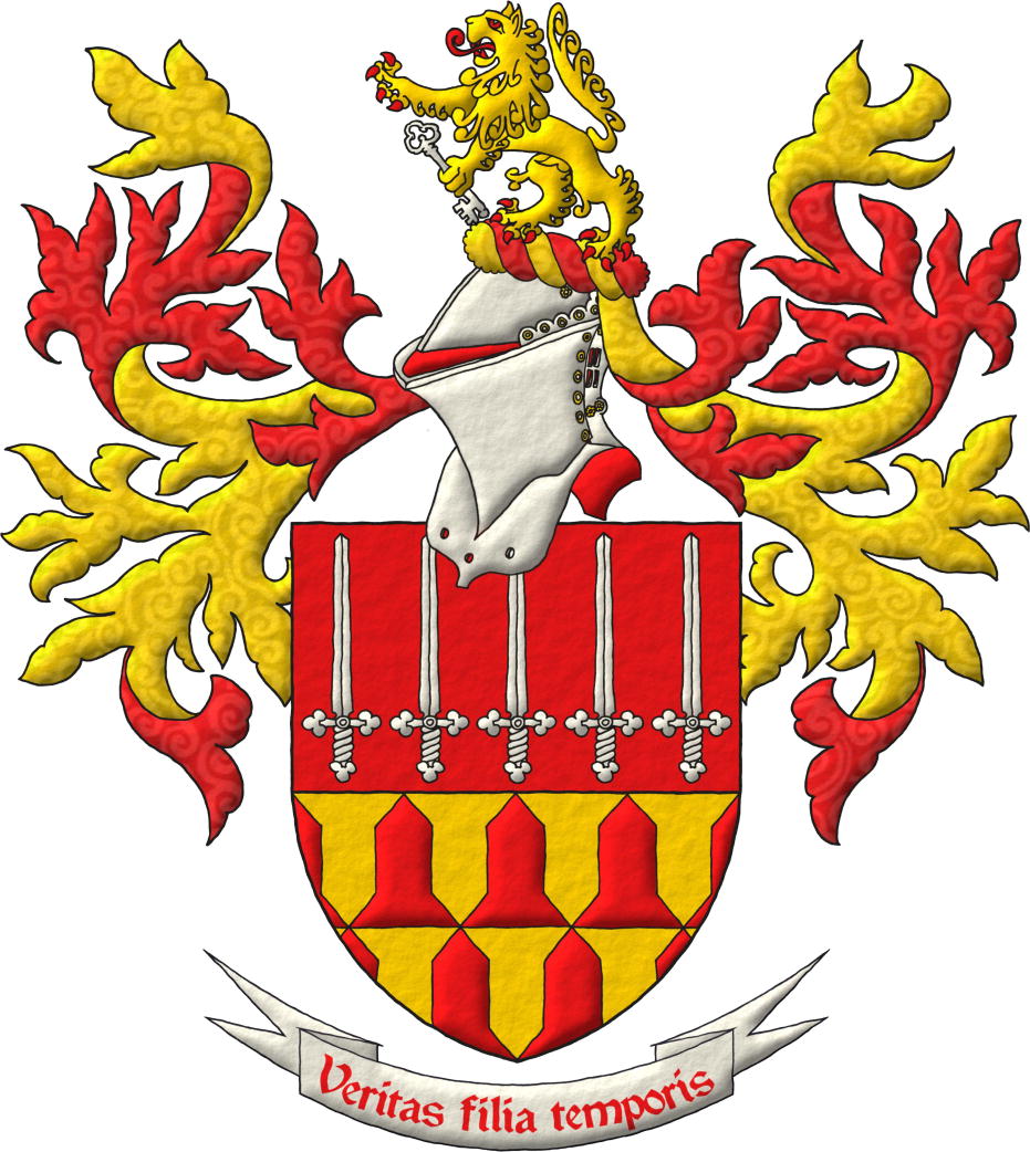 Escudo cortado: 1o de gules, cinco espadas de plata, alzadas, en faja; 2o verado de oro y gules. Timbrado de un yelmo de caballero adornado de burelete y lambrequines de gules y oro, cimado de un len de oro, rampante, armado, lampasado, fierezado y encendido de gules y teniendo en la siniestra una llave de plata. Lema: Veritas filia temporis de gules sobre una filacteria de plata.