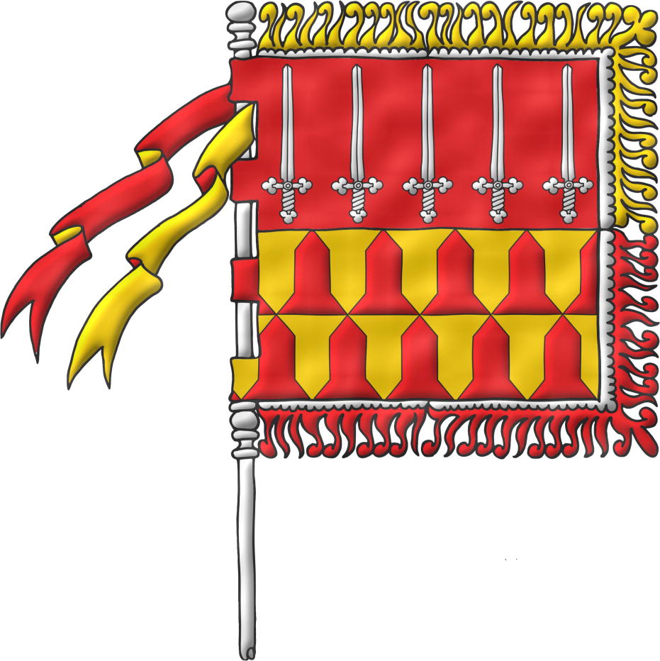 Bandera de cordón de plata, flecos de oro y gules cargada con las mismas armas que el escudo y pasada en una pica.