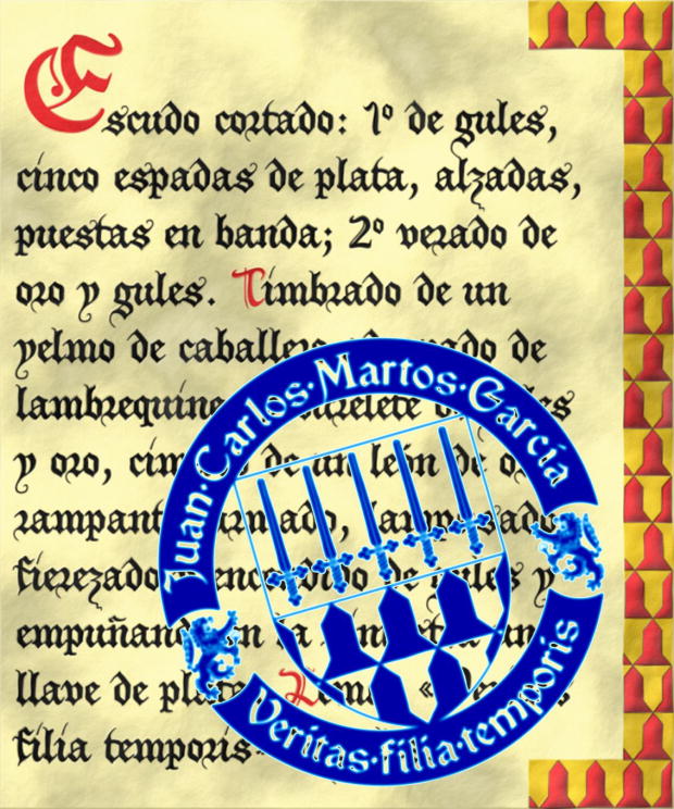 Sello creado con el escudo gentilicio de forma apuntada. El sello est soportado por dos leones rampantes y rodeado, en su parte superior, sobre los leones, por el nombre completo del titular del escudo gentilicio y, en su parte inferior, bajo los leones, por el lema del titular Veritas filia temporis. En la imagen lateral, herldicamente a la siniestra, se representa el resultado de estampar este sello con tinta azur sobre un pergamino. El pergamino est decorado con un marco formado por un verado de oro y gules y que lleva escrito el blasn del escudo.