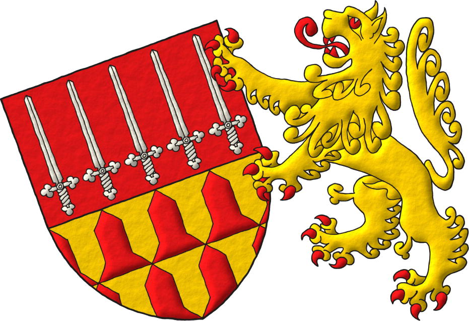 Escudo cortado: 1o de gules, cinco espadas de plata, alzadas, en faja; 2o verado de oro y gules. Soporte: Un len de oro, rampante, armado, lampasado, fierezado y encendido de gules a la siniestra.