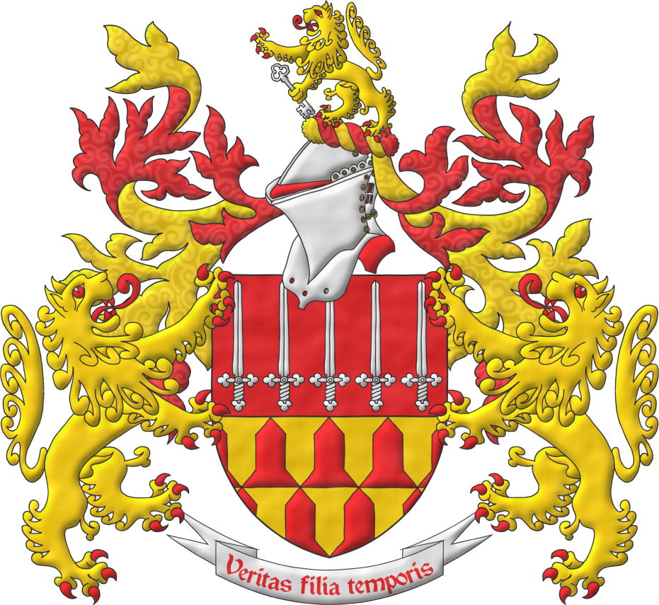 Escudo cortado: 1o de gules, cinco espadas de plata, alzadas, en faja; 2o verado de oro y gules. Timbrado de un yelmo de caballero adornado de burelete y lambrequines de gules y oro, cimado de un len de oro, rampante, armado, lampasado, fierezado y encendido de gules y teniendo en la siniestra una llave de plata. Soportes: Dos leones de oro, rampantes, armados, lampasados, fierezados y encendidos de gules. Lema: Veritas filia temporis de gules sobre una filacteria de plata.