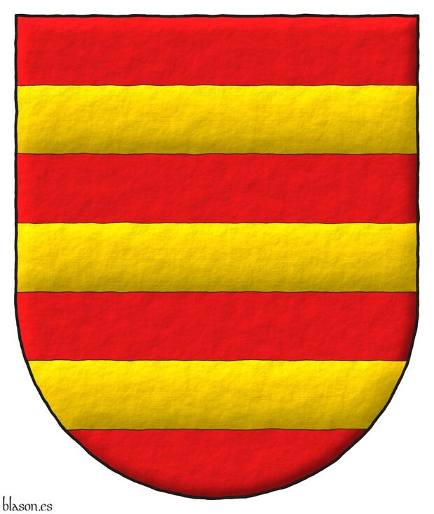 Gules, three bars Or.