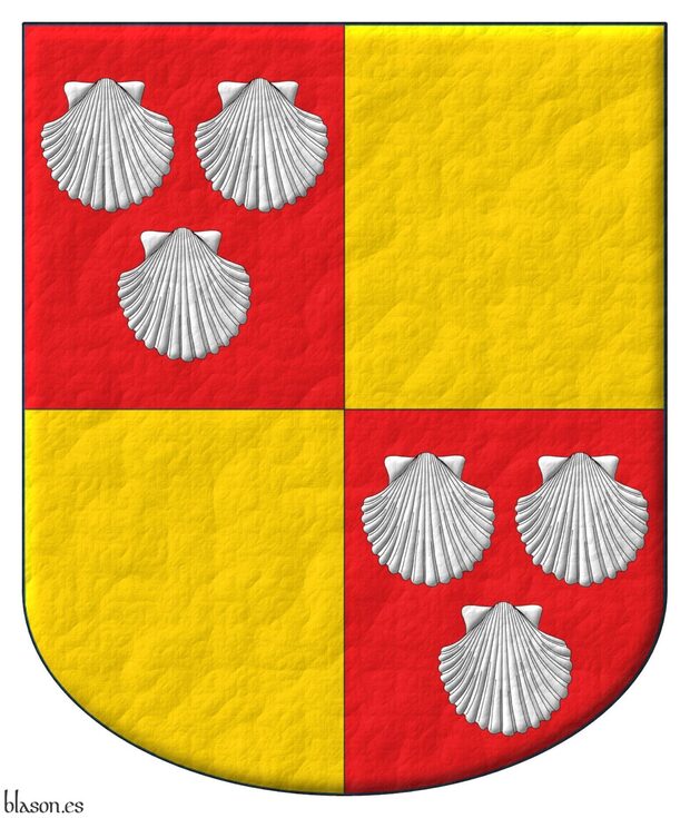 Escudo cuartelado: 1o y 4o de gules, tres veneras de plata; 2o y 3o de oro.