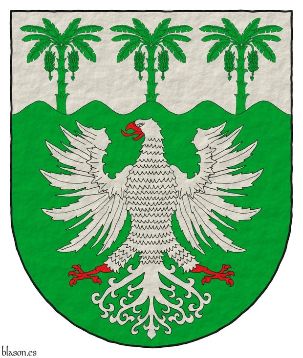 Escudo de sinople, un �guila de plata, picada, lampasada, membrada y armada de gules; un jefe ondado de plata cargado de tres plataneras salientes de sinople.