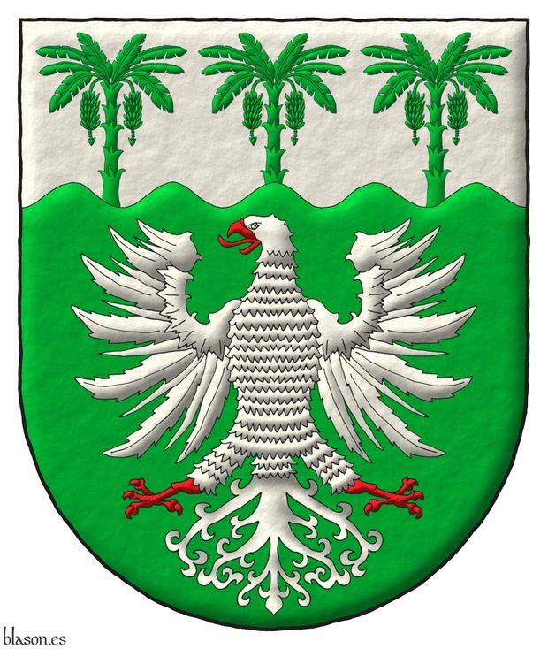 Escudo de sinople, un �guila de plata, picada, lampasada, membrada y armada de gules; un jefe ondado de plata cargado de tres plataneras salientes de sinople.