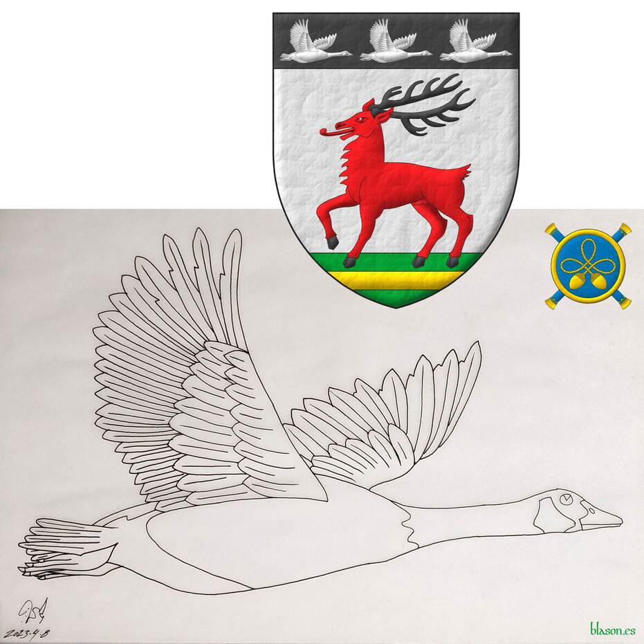 Argent, a stag trippant Gules, attired and hoofed Sable, standing on a terrace in base Vert charged with a fess Or; on a chief Sable, three geese volant contourn Argent.