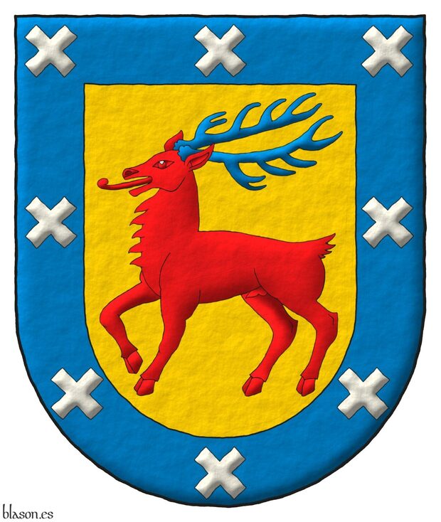 Escudo de oro, un ciervo pasante de gules, ramado de azur; una bordura de azur cargada con ocho sotueres de plata.