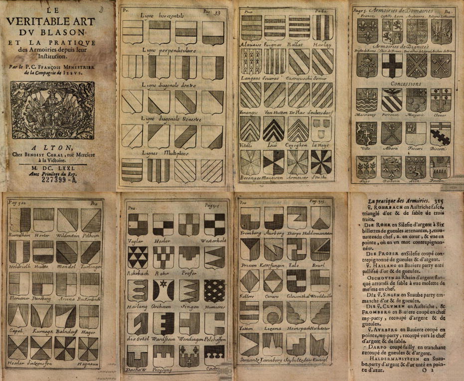 Le veritable art du blason, pages 33, 62, 75, 312, and 315