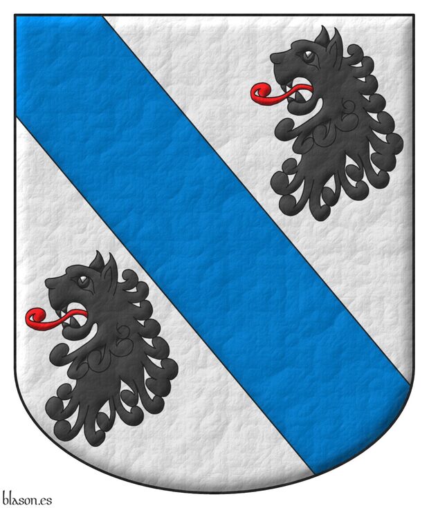 Escudo de plata, una banda de sable, acompaada de dos cabezas de len de sable, lampasadas de gules.