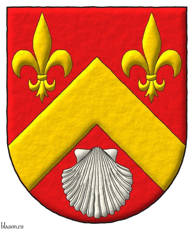 Escudo de gules, un cabrio de oro, acompaado en jefe de dos flores de lis de oro, y en punta de una venera de plata.