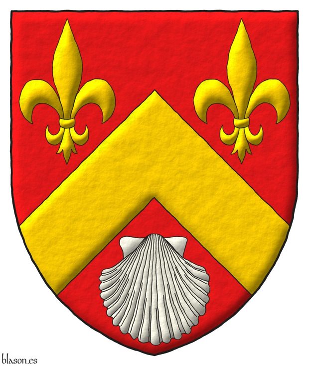 Gules, a chevron, between in chief two fleurs de lis Or, and in base an escallop Argent.