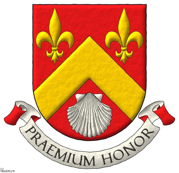 Escudo de gules, un cabrio de oro, acompaado en jefe de dos flores de lis de oro, y en punta de una venera de plata. Lema: Praemium Honor.