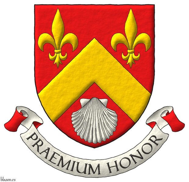 Gules, a chevron, between in chief two fleurs de lis Or, and in base an escallop Argent. Motto: Praemium Honor.