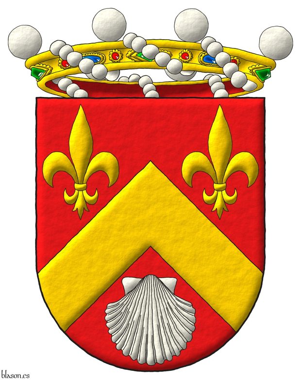 Escudo de gules, un cabrio de oro, acompaado en jefe de dos flores de lis de oro, y en punta de una venera de plata. Timbrado de una corona de barn.
