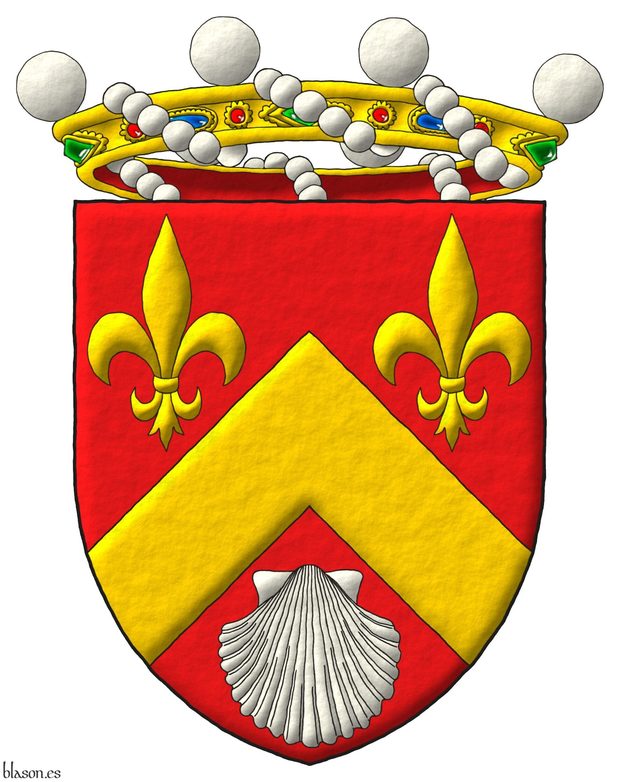 Gules, a chevron, between in chief two fleurs de lis Or, and in base an escallop Argent. For crest a crown of Baron.