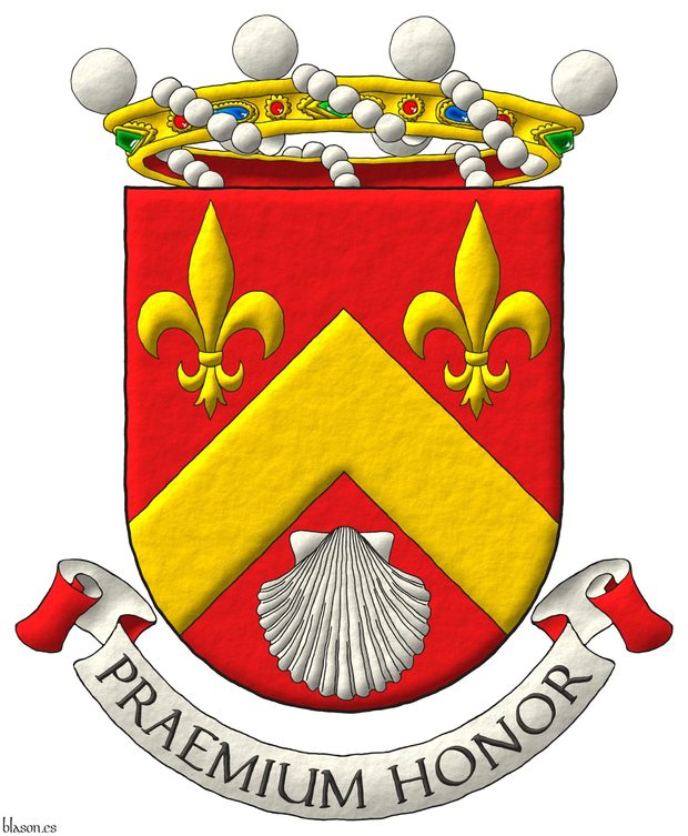 Escudo de gules, un cabrio de oro, acompaado en jefe de dos flores de lis de oro, y en punta de una venera de plata. Timbrado de una corona de barn. Lema: Praemium Honor.