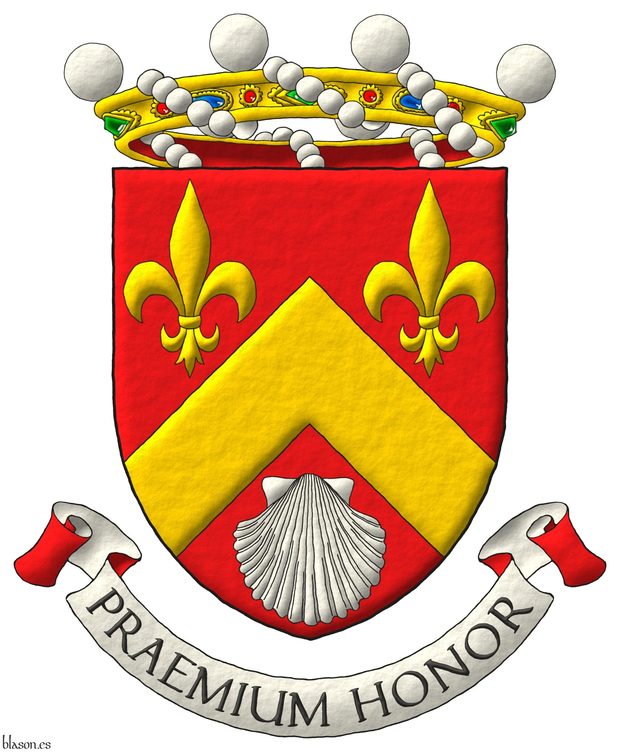 Gules, a chevron, between in chief two fleurs de lis Or, and in base an escallop Argent. For crest a crown of Baron. Motto: Praemium Honor.
