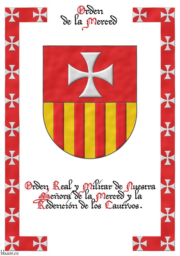 Escudo cortado: 1o de gules, una cruz patada de plata; 2o de oro, cuatro palos de gules.