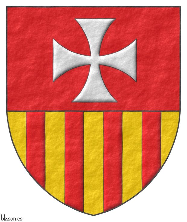 Escudo cortado: 1o de gules, una cruz patada de plata; 2o de oro, cuatro palos de gules.