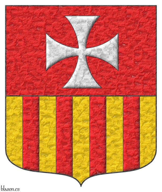 Escudo cortado: 1o de gules, una cruz patada de plata; y 2o de oro, cuatro palos de gules.