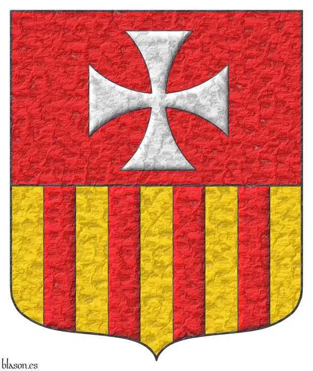 Escudo cortado: 1o de gules, una cruz patada de plata; y 2o de oro, cuatro palos de gules.