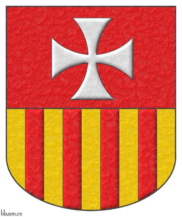 Escudo cortado: 1o de gules, una cruz patada de plata; 2o de oro, cuatro palos de gules.