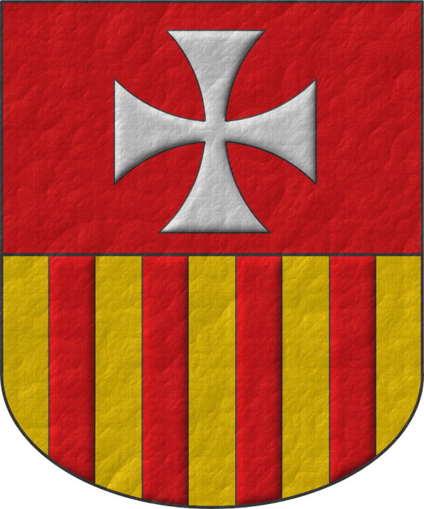 Escudo cortado: 1o de gules, una cruz patada de plata; 2o de oro, cuatro palos de gules.