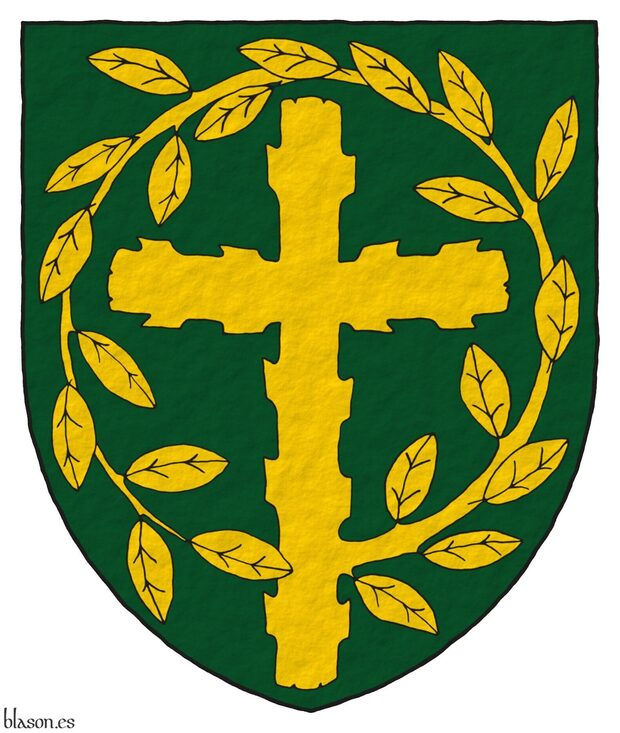 Vert, a Latin cross, raguly, issuant from its sinister a leaved offshoot encircling the cross, its end terminating and debruising the lower limb Or.