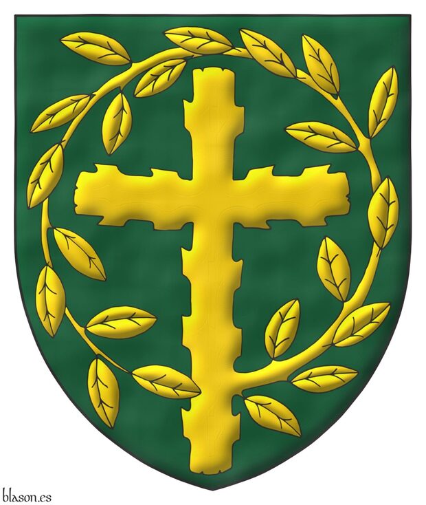 Vert, a Latin cross, raguly, issuant from its sinister a leaved offshoot encircling the cross, its end terminating and debruising the lower limb Or.
