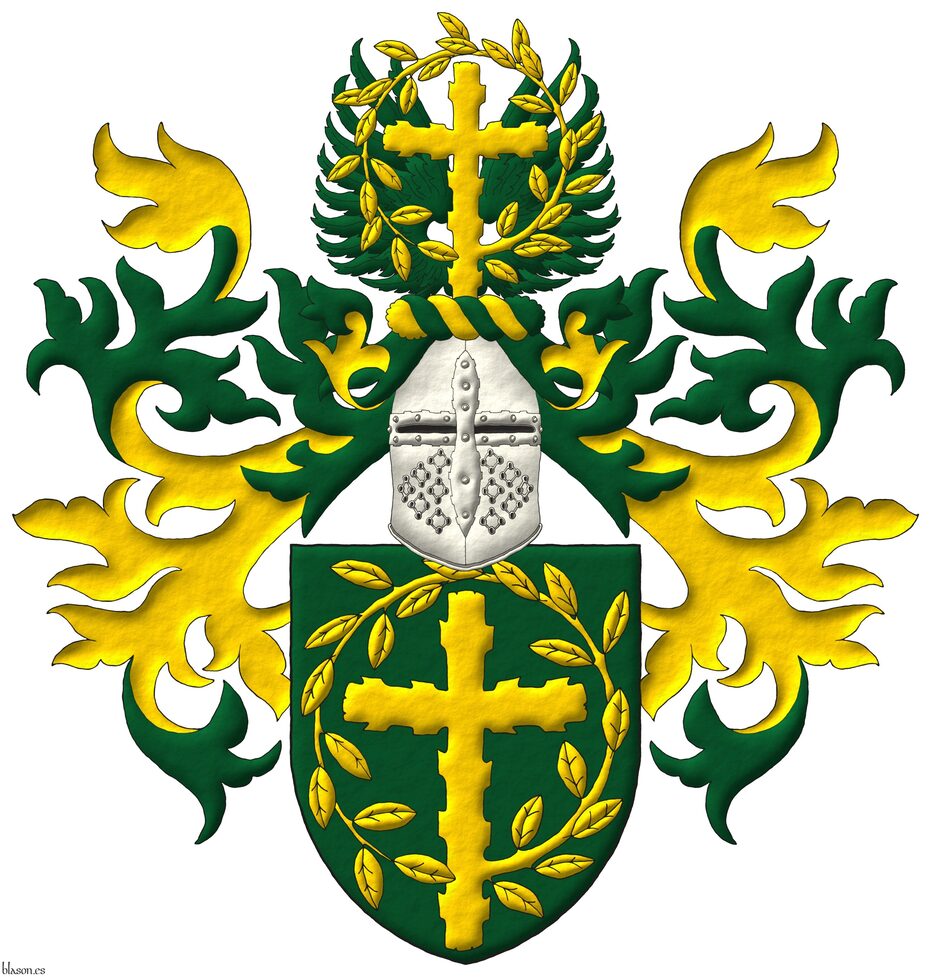 Escudo de sinople, una cruz latina ecotada, de cuyo flanco siniestro nace una rama hojada que rodea la cruz por su parte superior hasta enlazarse sobre su nacimiento, toda de oro. Timbrado de yelmo de frente, adornado de dos lambrequines de sinople doblados de oro, un burelete de oro y sinople, cimado de un vuelo de sinople, resaltado de una cruz latina ecotada, de cuyo flanco siniestro nace una rama hojada que rodea la cruz por su parte superior hasta enlazarse sobre su nacimiento, toda de oro.