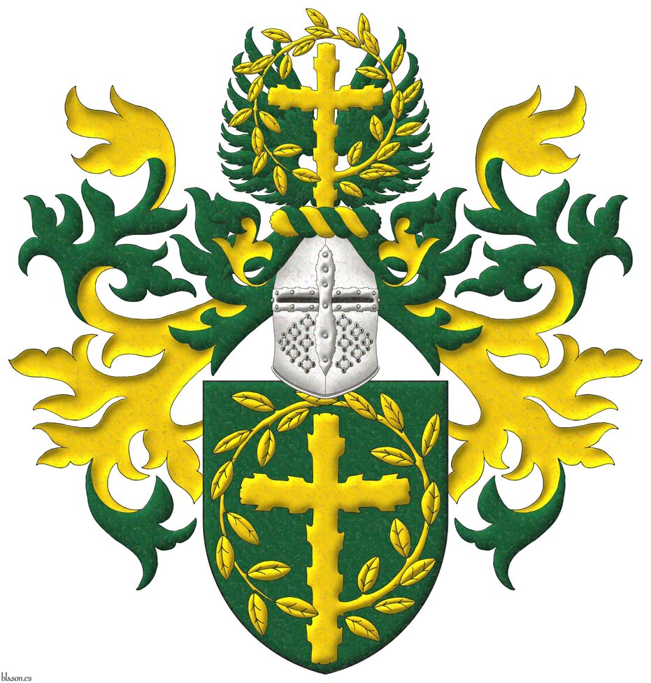 Vert, a Latin cross, raguly, issuant from its sinister a leaved offshoot encircling the cross, its end terminating and debruising the lower limb Or. Crest: Upon a helm affronty, with a wreath Or and Vert, a pair of wings displayed Vert, debruised by a Latin cross, raguly, couped at random, issuant from its sinister a leaved offshoot encircling the cross, its end terminating and debruising the lower limb Or. Mantling: Vert doubled Or.