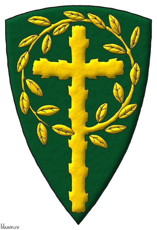 Vert, a Latin cross, raguly, issuant from its sinister a leaved offshoot encircling the cross, its end terminating and debruising the lower limb Or.